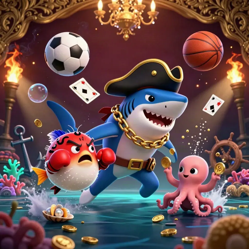 Shark pirate, pufferfish, and octopus amid coins, balls, and treasure in a glowing casino cove.
