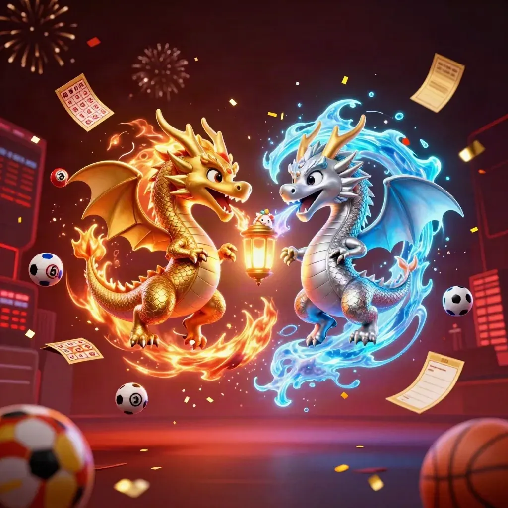 Gold and silver dragons swirl with casino game props in a neon sports-casino burst.