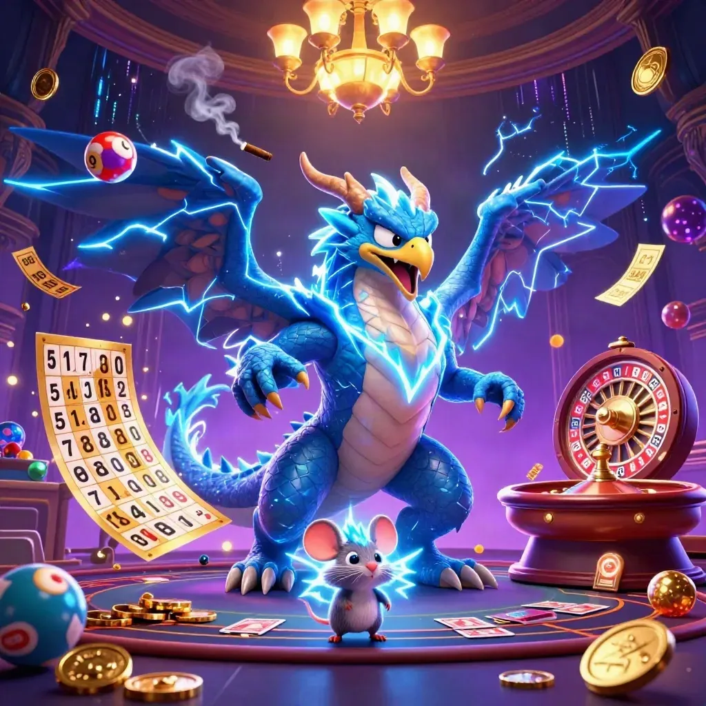 Thunder dragon, wind hawk, and static mouse amid casino magic, spinning wheels, neon lightning
