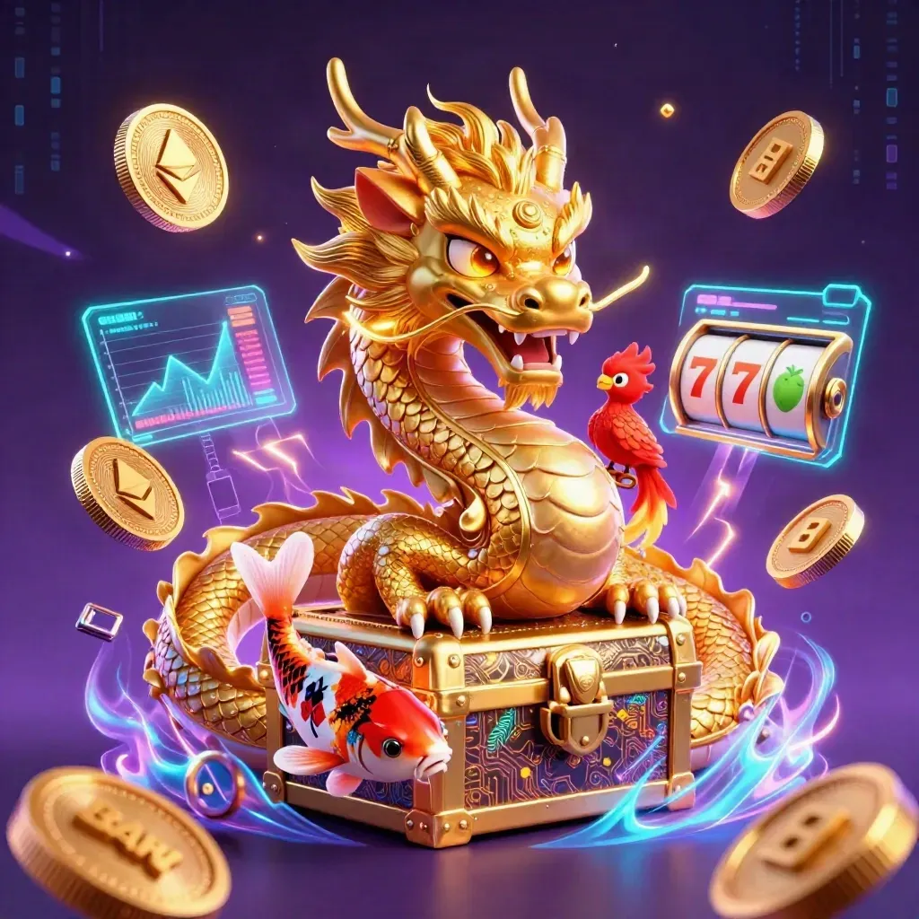Golden dragon and phoenix guard a treasure chest as coins, lightning, and neon effects burst around them.