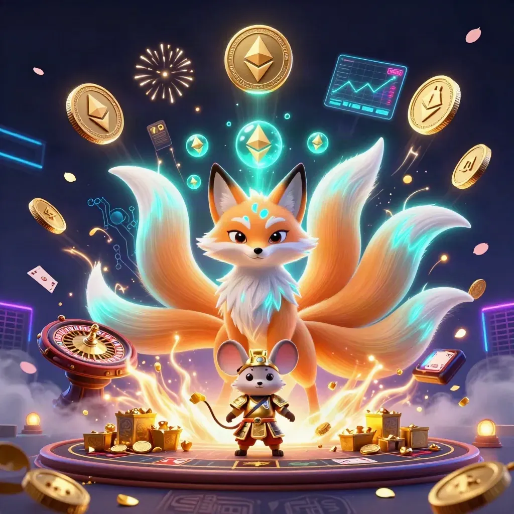 Fox spirit and armored mouse amid casino coins, neon crypto, fireworks, and treasure