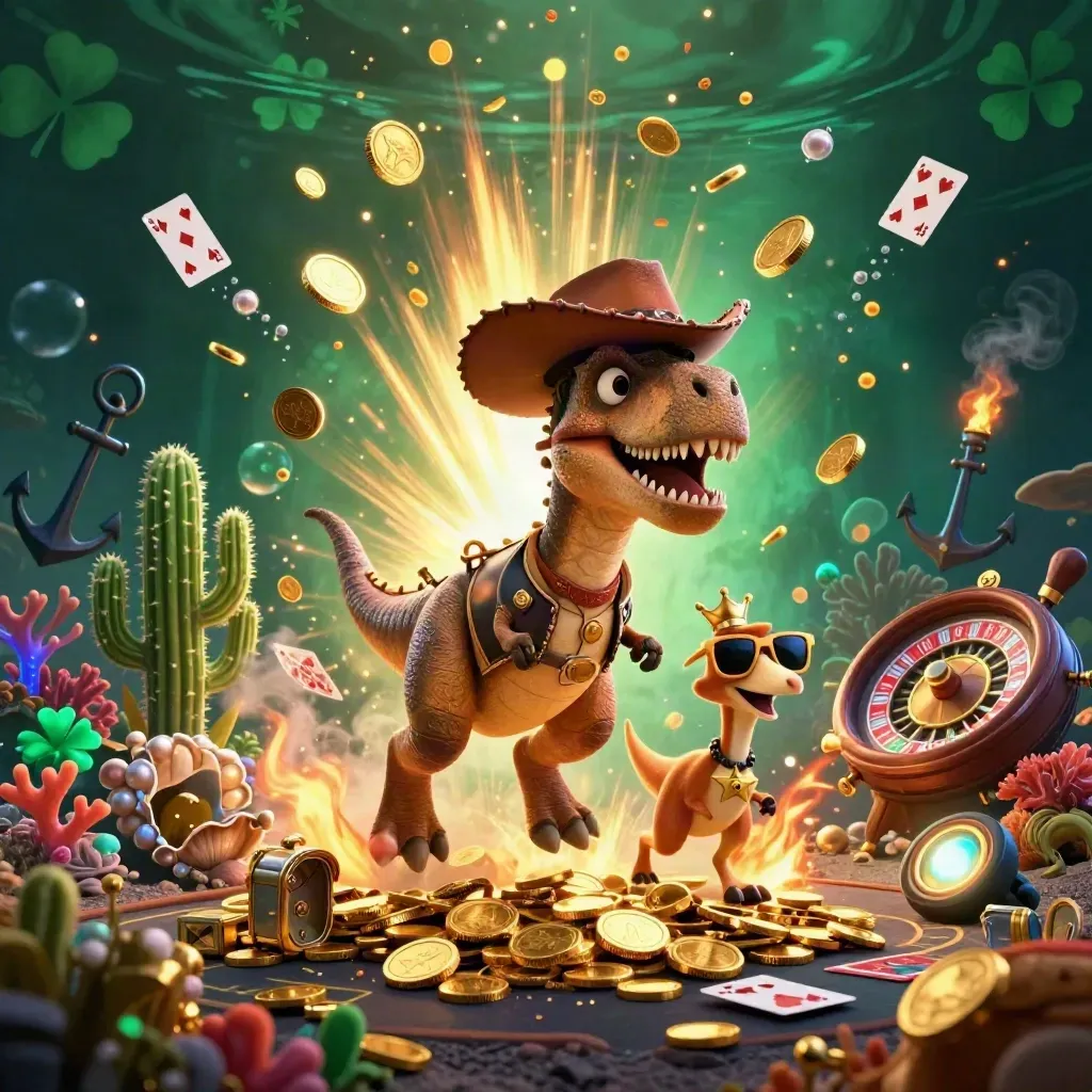 Cowboy T-Rex, cactus sidekick, and sheriff roadrunner amid gold coins, coral, and casino glow