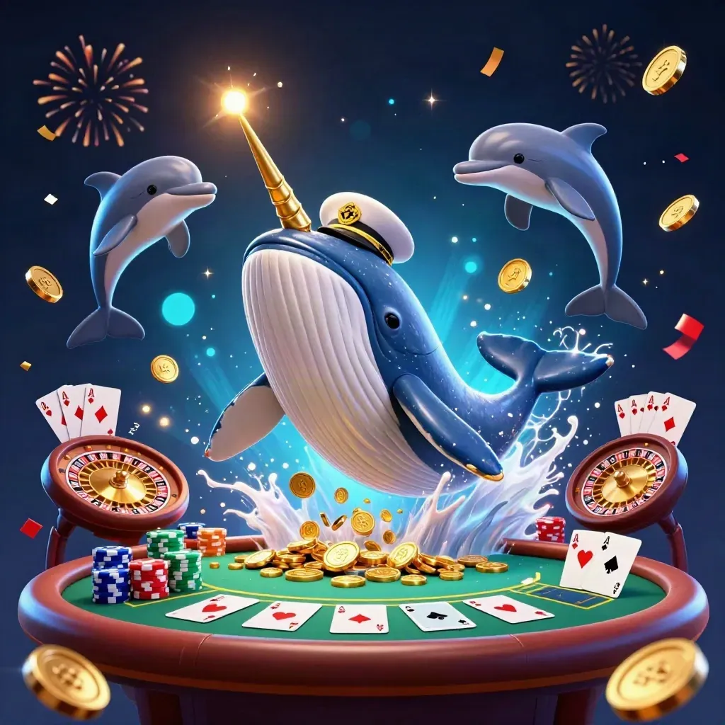 Whale, narwhal and dolphins burst through coins amid casino tables, chips and fireworks.