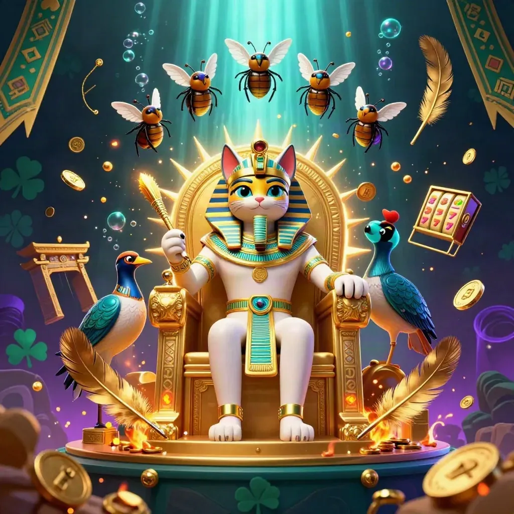 Pharaoh cat on golden throne with ibis scribe, scarab beetles, coins, and neon casino glow.
