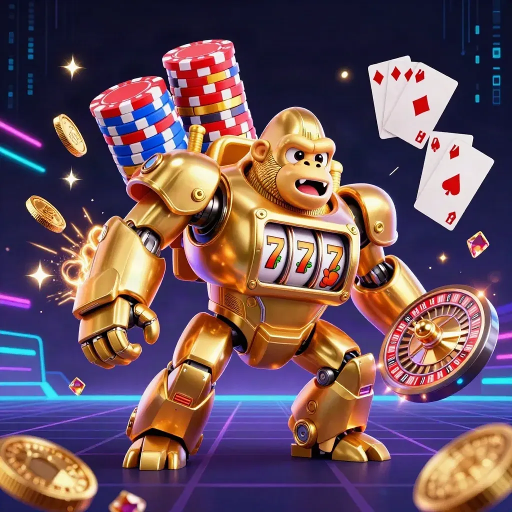 Golden gorilla slot mech with monkey pilot, coins, chips, roulette wheel and neon casino energy.