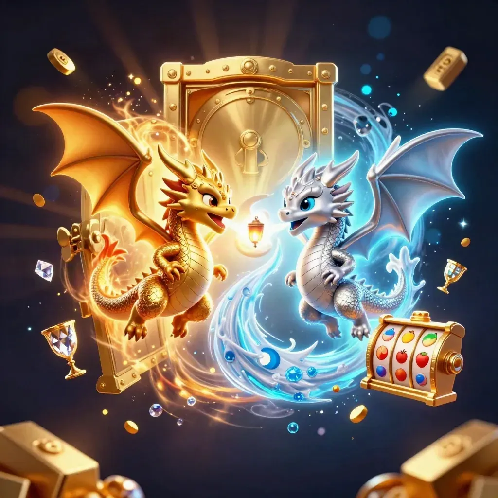 Gold and silver dragons spiral in a yin-yang blaze with vault loot and casino sparkles.